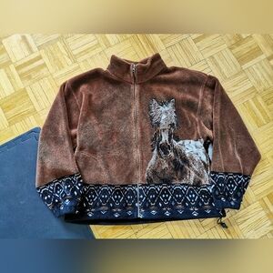 Vintage Reddish Brown Horse Print Lightweight Fleece Jacket Size L Unisex Rare